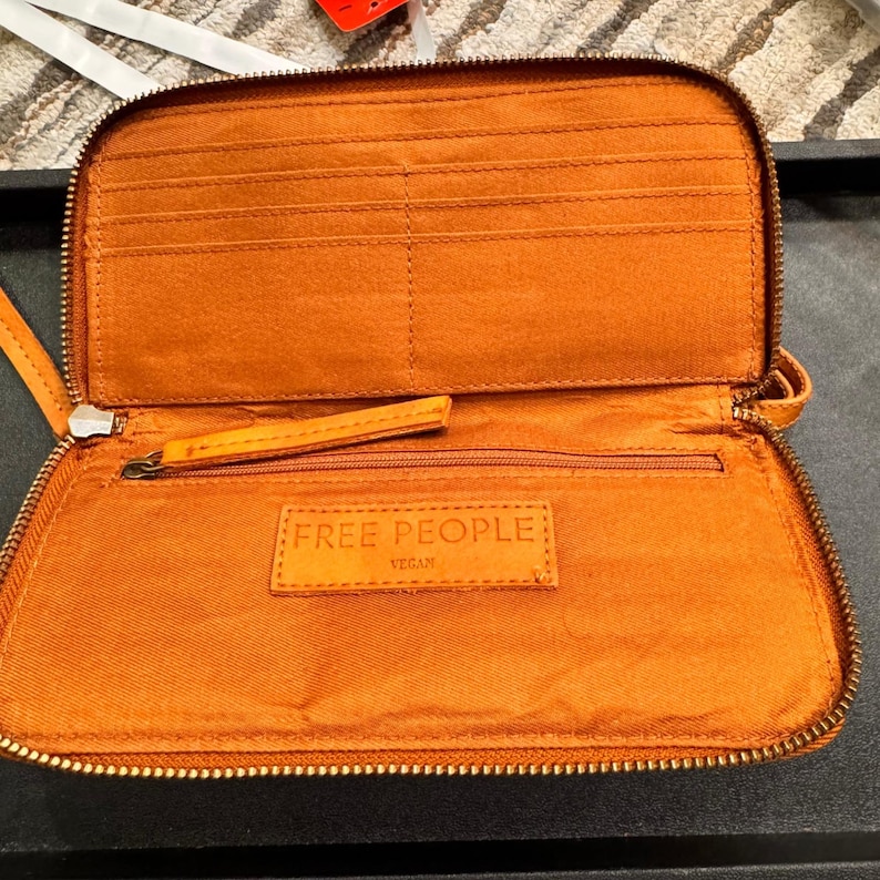 Free People Vegan Orange Faux Leather Zip Around Wristlet Wallet Clutch Studded image 5