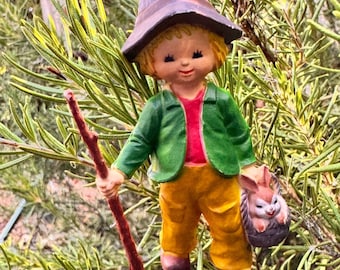 Vintage Boy with Rabbit Figurine Christmas Ornament - Made in Hong Kong