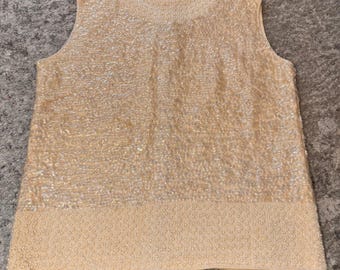 Vintage Beaded Sequin Top Ivory Champagne Sleeveless Zipper Back Party Glam