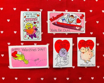 Set of 5 Vintage Spooky and Loveable Monster Paper Valentine Day Cards, Retro Fun, Class Party, Made in USA! Funky, Silly & Cute! 80's/90's!