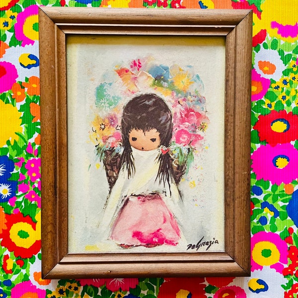 Vintage Groovy, Adorable Flower Girl by De Grazia 1960's in wood frame, Big Eyes, Framed Art, Wall Hanging! Kid's room decor!