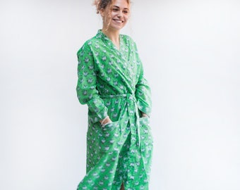 Long Green Hand Block Print Kimono Style Robe  / Ankle Length Dressing Gown / Bridal Bridesmaid Getting Ready Robe / Gift