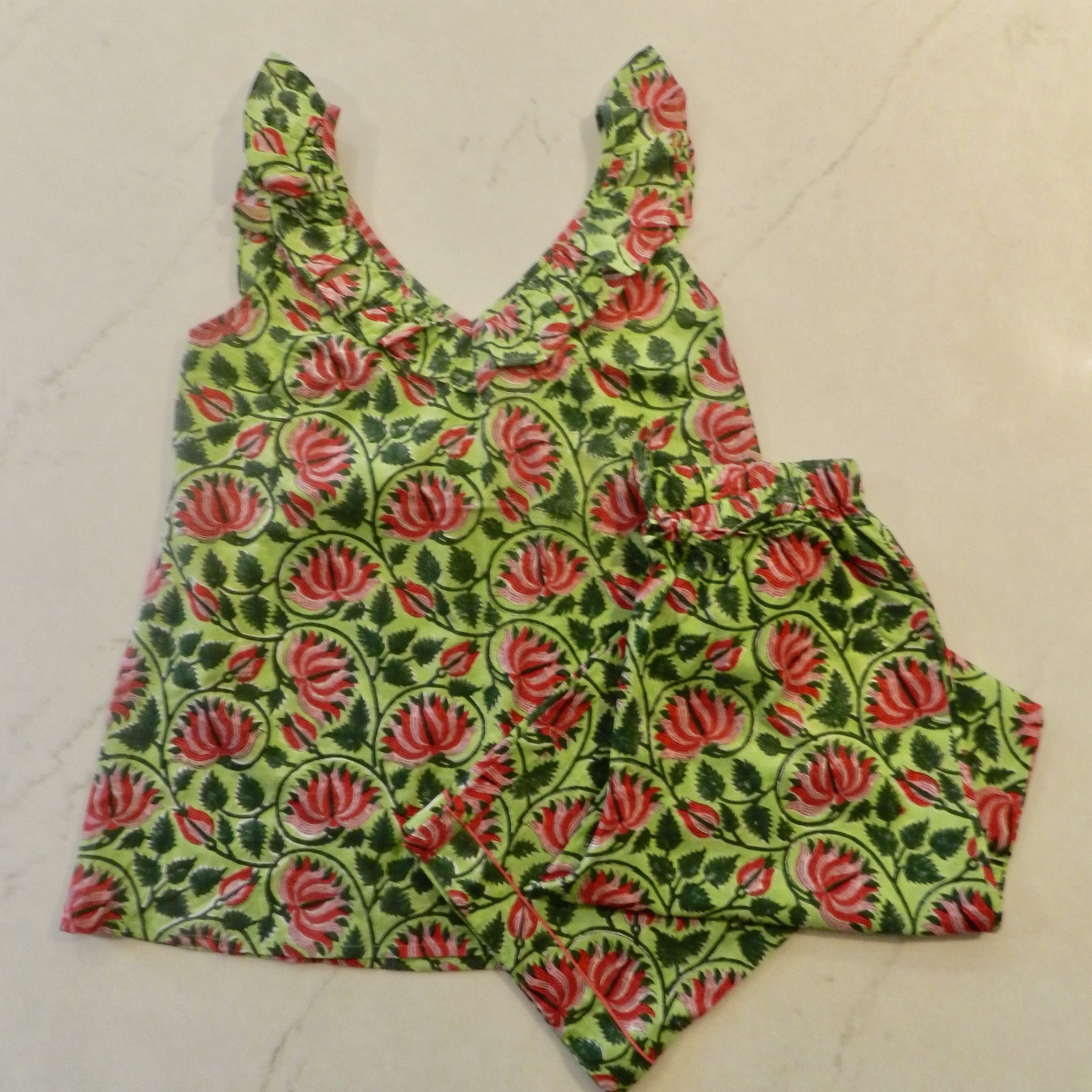 Image of Long Camisole Pj Set in Green & Pink Hand Block Print Design/Matching Women's Pyjamas Cotton Loungewear