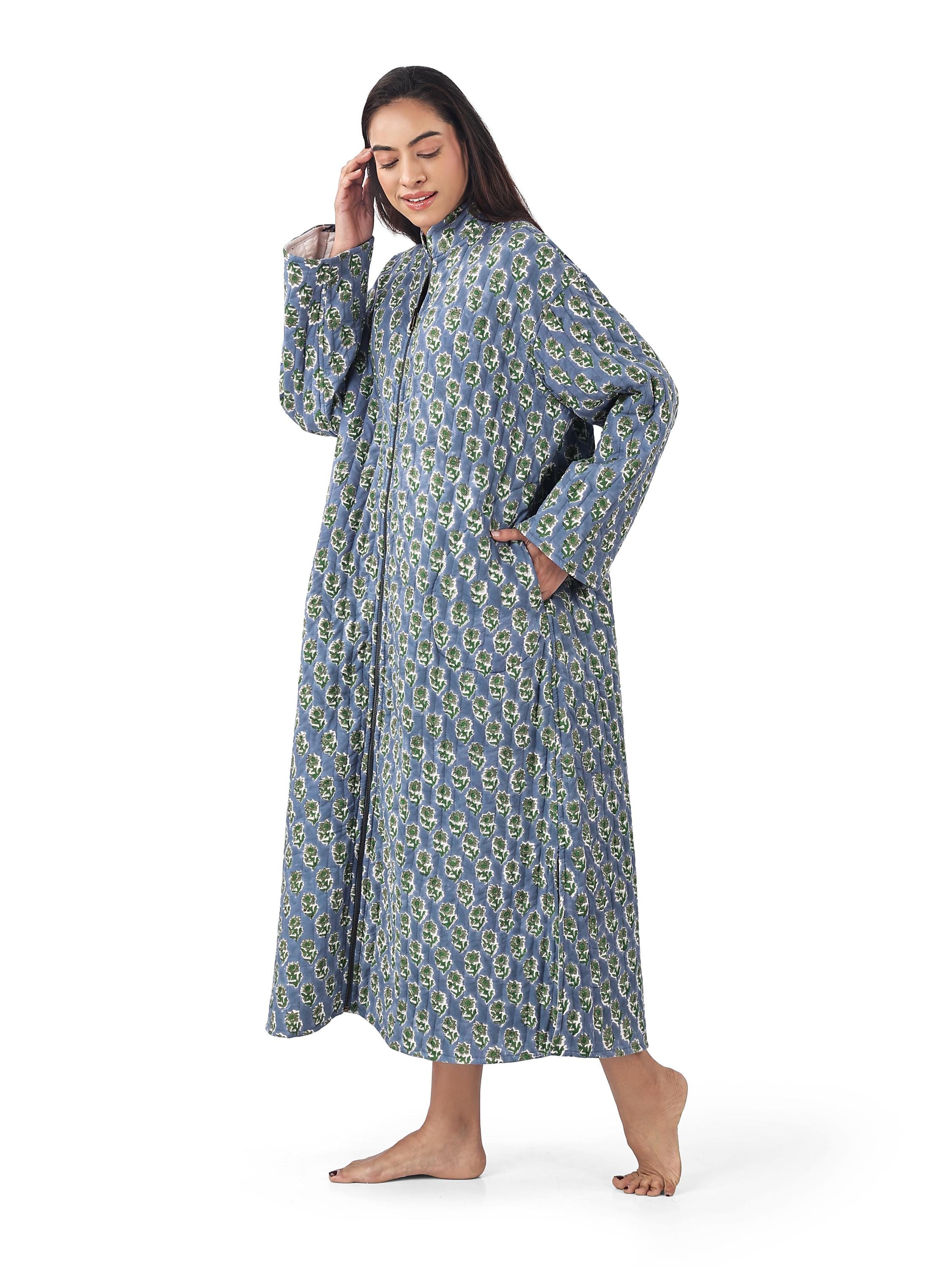 Reversible Robe Reversible Zip Front Quilted Robe / Blue Block Print Winter Kimono ...