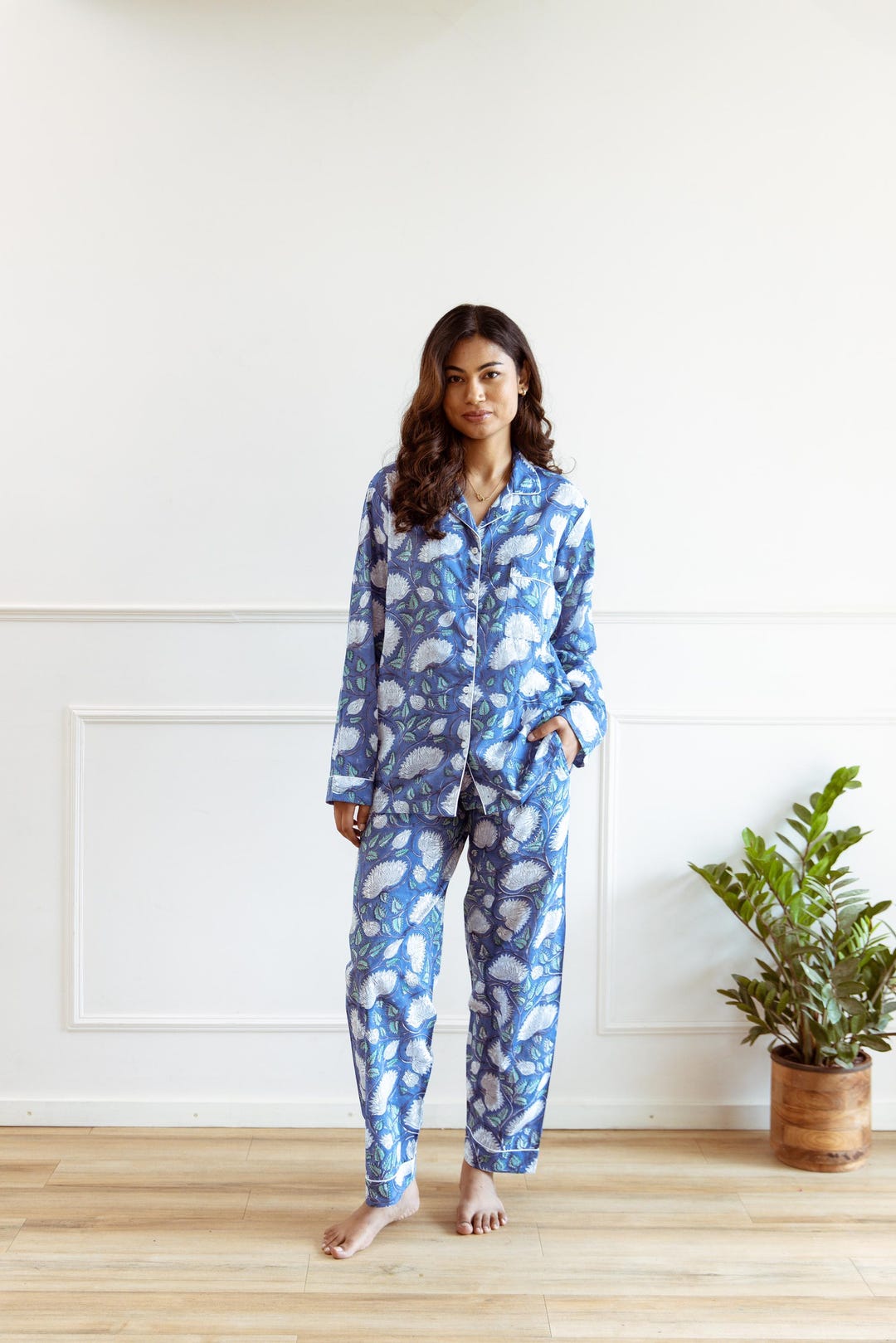 Accappatoio Kimono Lungo Indiano In Cotone Turchese A Fiori - Taglia Unica, Fatto A Mano