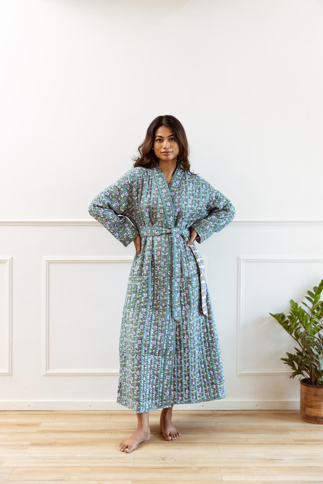 Green Luxury Quilted Robe Hand Block Print Winter Kimono