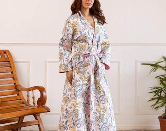 Candy Pink Luxury Quilted Robe / Hand Block Print Winter Kimono Dressing Gown / Warm Loungewear