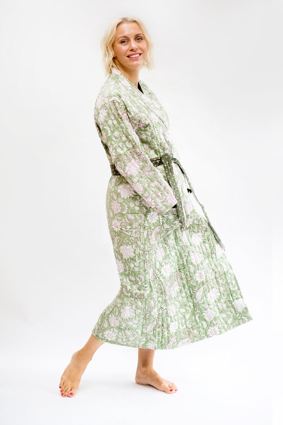 Soft Green Luxury Quilted Robe Hand Block Print Winter Kimono Dressing Gown Warm Loungewear Etsy UK