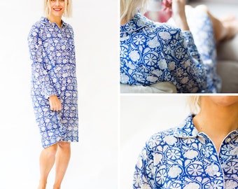 Blue & White Cotton Night-shirt /  Floral Lightweight Loungewear / Hand Block Print Nightie