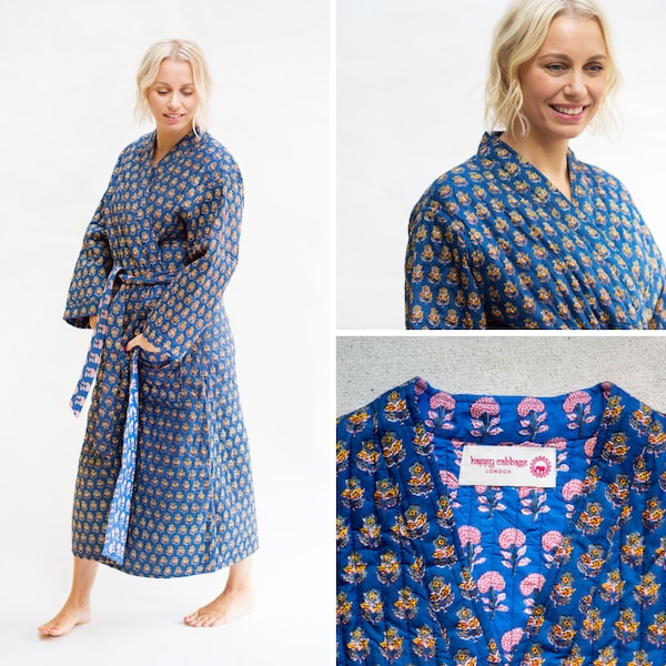 Dark Blue & Yellow Luxury Quilted Long Robe / Hand Block Print Winter Kimono Dressing Gown / Warm Loungewear