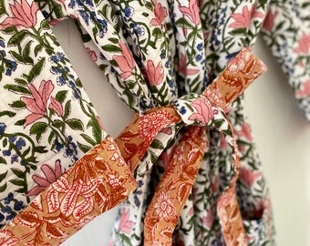 Coral Pink & Green Luxury Quilted Robe / Hand Block Print Winter Kimono Dressing Gown / Warm Loungewear