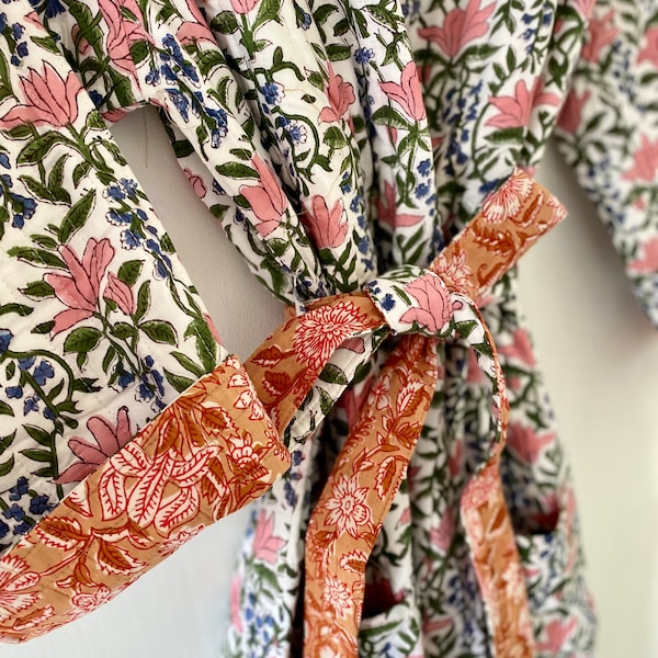 Coral Pink & Green Luxury Quilted Robe / Hand Block Print Winter Kimono Dressing Gown / Warm Loungewear