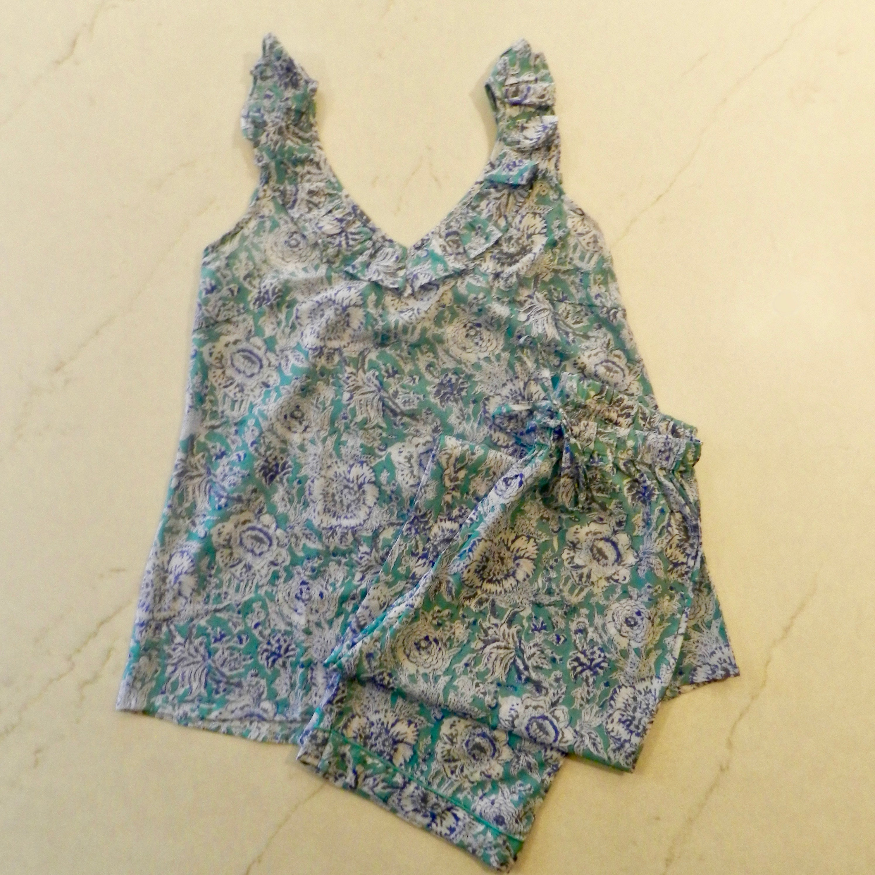 Image of Long Camisole Pj Set in Green & Blue Hand Block Print Design/Matching Women's Pyjamas Cotton Loungewear