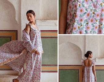 Chemise de nuit marguerite en coton rose à fleurs / Vêtements de détente légers et colorés / Vêtements de nuit assortis / Nuisette à carreaux