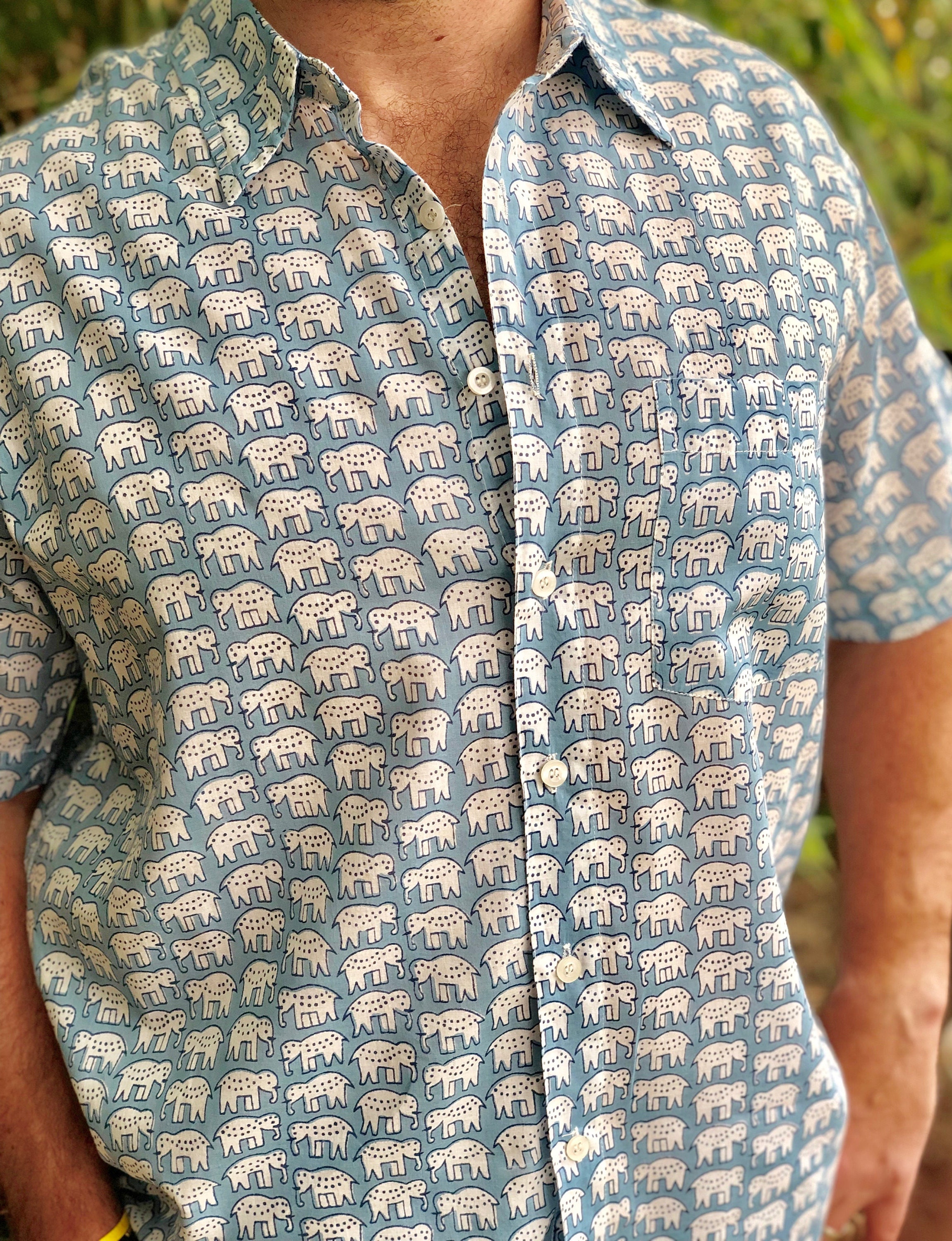 Image of Men's Handmade Elephant Print Short Sleeve Shirt/Hawaiian Lightweight Cotton Shirt/ Beach Holiday Blue Block