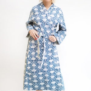 Blue & White Luxury Quilted Robe / Hand Block Print Winter Kimono Dressing Gown / Warm Loungewear image 4