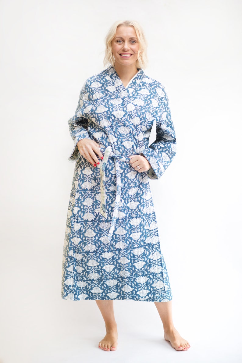 Blue & White Luxury Quilted Robe / Hand Block Print Winter Kimono Dressing Gown / Warm Loungewear image 4