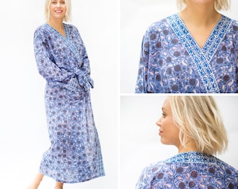 Long Hand Block Print Kimono Robe in Blue Floral Print / Ankle Length Dressing Gown / Plus Size Robe