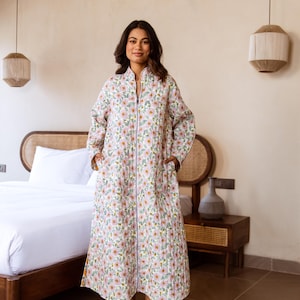 princess polly baby blue dress Reversible Zip Front Quilted Robe / Daisy Block Print Winter Kimono Dressing  Gown / Warm Loungewear