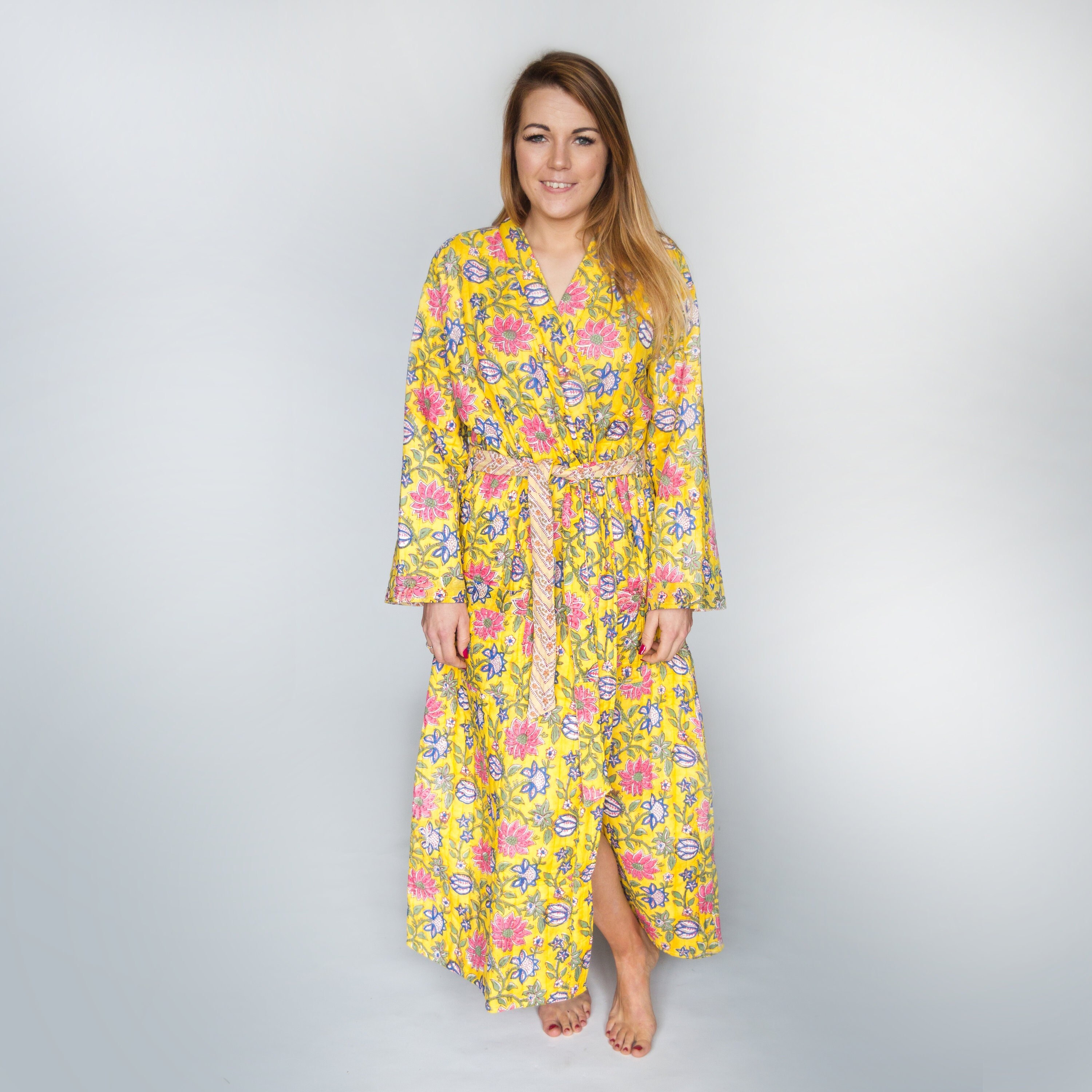 Luxury Quilted Long Robe in Yellow u0026 Pink Floral Print / Hand - Etsy  Australia
