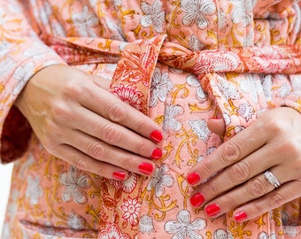 Coral & White Luxury Quilted Long Robe / Hand Block Print Winter Kimono Dressing Gown / Warm Loungewear