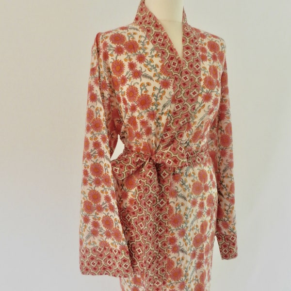 Pretty Pink Floral Kimono Hand Block Print Robe / Ankle Length Cotton Dressing Gown / Getting Ready Bridal & Bridesmaid Robe