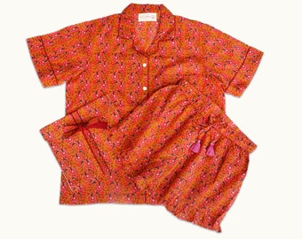 Short PJ Set in Vibrant Orange & Pink Floral Hand Block Print / Cotton Pyjamas with shorts / Lightweight Loungewear
