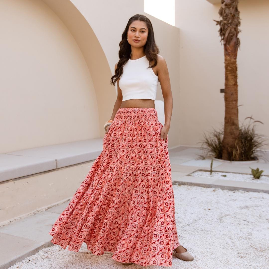 Block Print Maxi Skirt in Vibrant Pink - Etsy