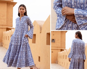 The Veda, Cotton Block Print Dress - Cobalt Blue