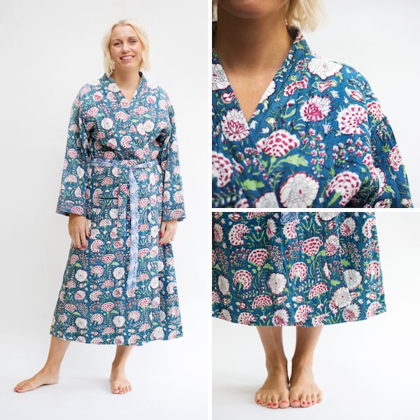 Blue & Pink Luxury Quilted Long Robe / Hand Block Print Winter Kimono Dressing Gown / Warm Loungewear