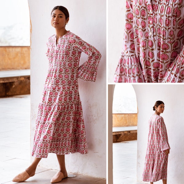 The Veda, Cotton Block Print Dress -  Vibrant Pink