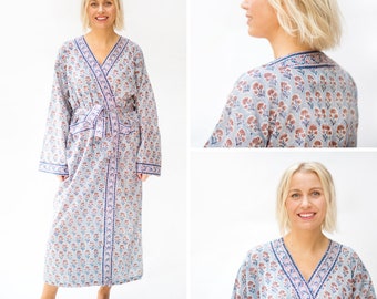 Robe kimono longue à imprimé bloc à main en imprimé floral bleu doux et taupe / robe de chambre longueur cheville / robe taille plus