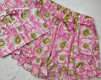 Cotton Shorts in Pink & Yellow Floral Hand Block Print