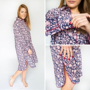 Dark Blue Cotton Night-shirt /  Floral Lightweight Loungewear / Hand Block Print Nightie