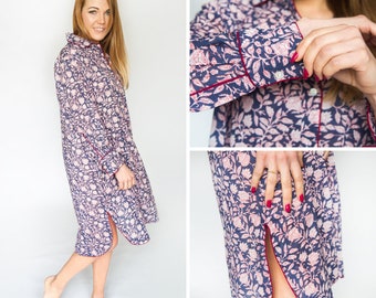 Dark Blue Cotton Night-shirt /  Floral Lightweight Loungewear / Hand Block Print Nightie