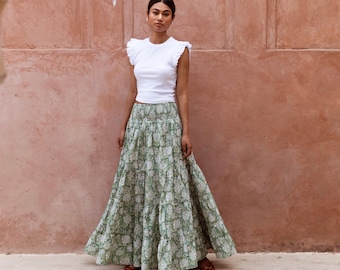 Block Print Maxi Skirt in Soft Green