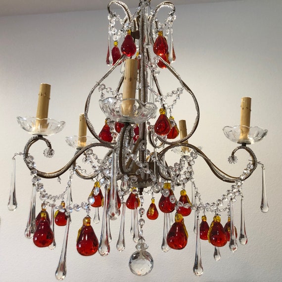 1930 S French Murano Red Orange Yellow Pear Crystal 1930 S French Murano Red Orange Yellow, Orange Crystal Chandelier