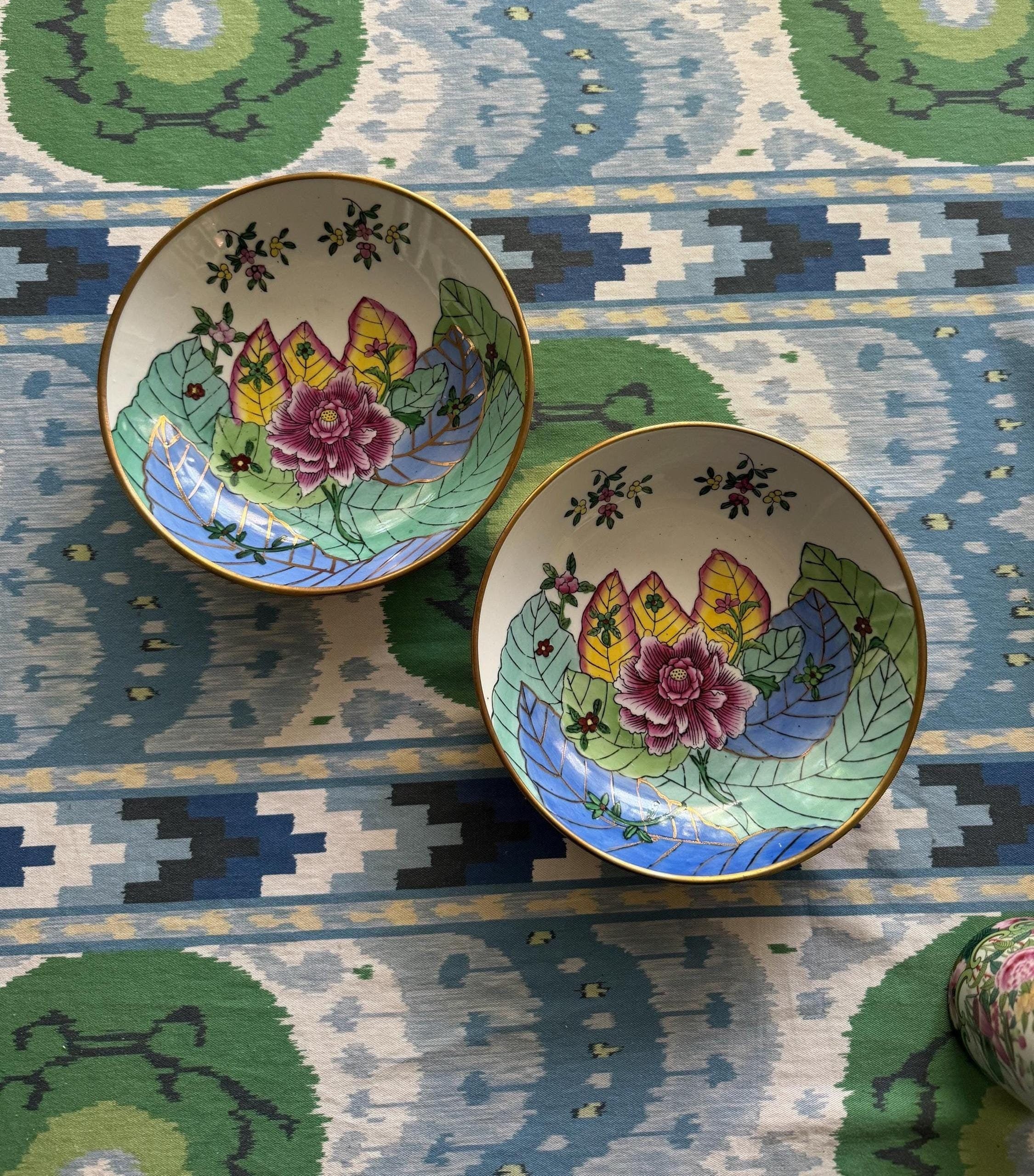 tobacco leaf bowl Pair Large Chinese Tobacco Leaf Hand Painted Brass Encased Bowls