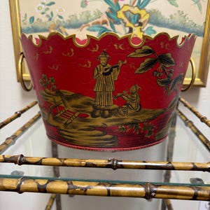 Vintage Large Chinoiserie Chinese Red Gold Hand Painted Toleware Tole Tin Cachepot Planter
