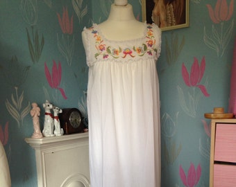 Vintage 1970s White Cotton Full Length Maxi Night Dress with Bright Floral Design. Nightie, Night Gown, NightWear. Loungewear, Sleepwear.