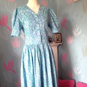 Vintage 1980s, 1990s Turquoise Cotton Dress by Emily Milsom of Norwich. Dropped Waist, Summer Dress image 1