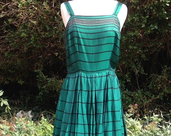 Vintage 1950s Mid Century Emerald Green Taffeta Dress with Black & Gold Lurex Stripes. Pleated Skirt, Straps, Party Dress.