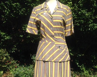 Vintage 1950s Mid Century cotton striped shirt waister dress. Peplum, Button Detail. Made by Barbette. Tea dress, swing dress.