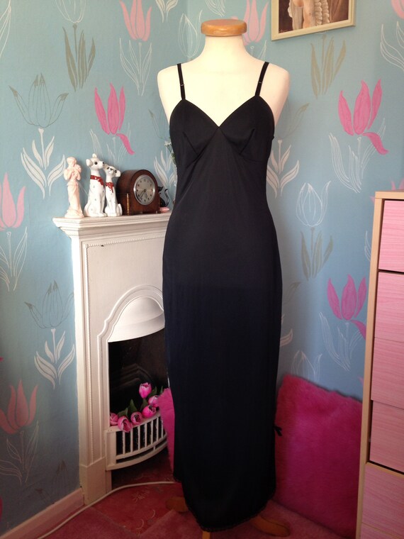 Vintage 1950s 1960s, black nylon full length slip,