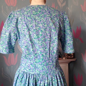 Vintage 1980s, 1990s Turquoise Cotton Dress by Emily Milsom of Norwich. Dropped Waist, Summer Dress image 4