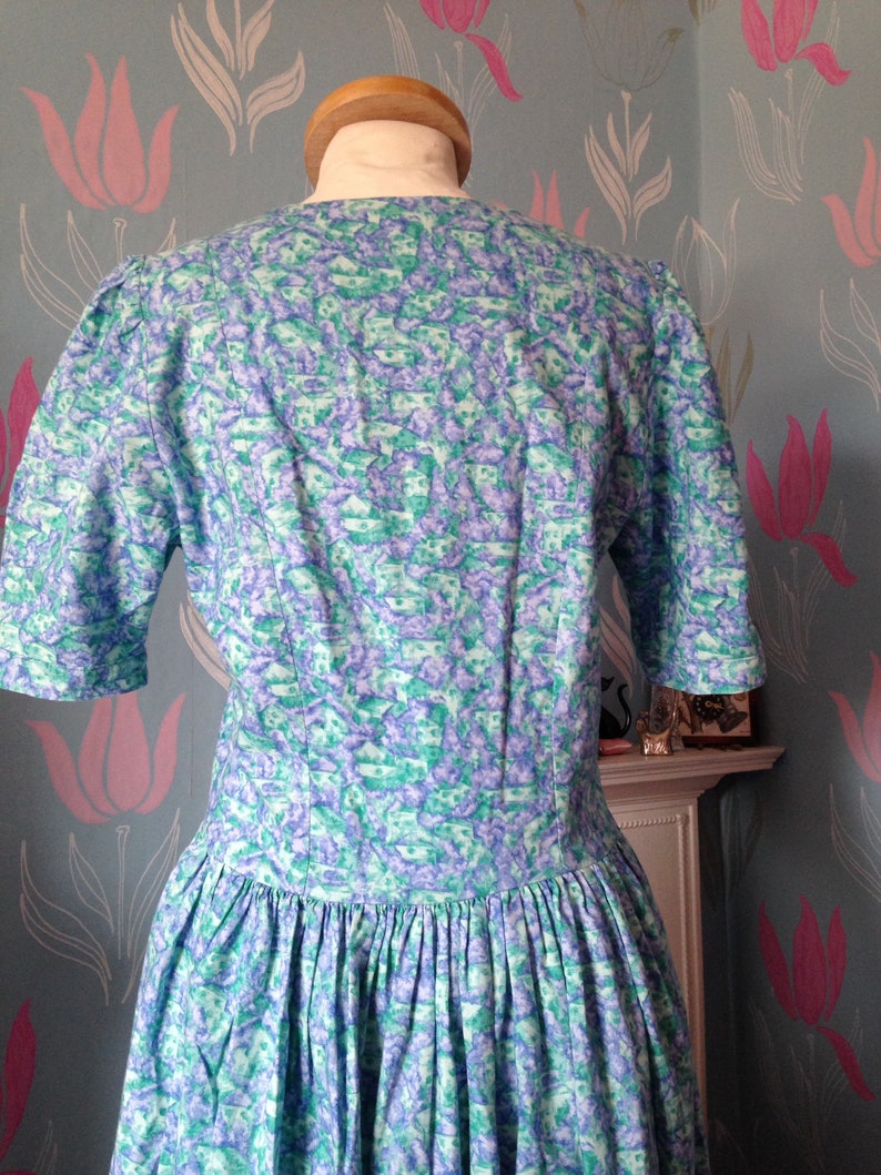 Vintage 1980s, 1990s Turquoise Cotton Dress by Emily Milsom of Norwich. Dropped Waist, Summer Dress image 4