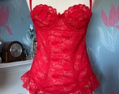 Vintage c. 1980s Dorothy Perkins Red Lace Corselet, Basque, Corset. Lingerie, Underwear, Shapewear, Glamour, Pin-Up.