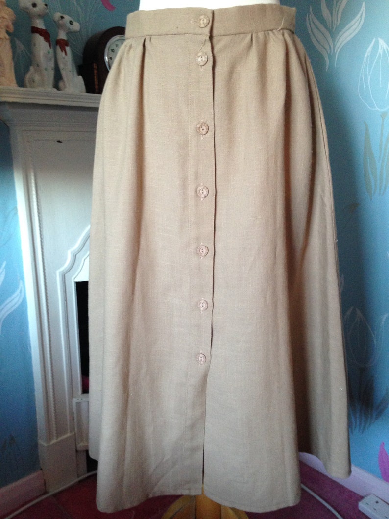 Vintage 1970s Ladies Two Piece Brown Unworn with tags Beige Gerry Finn Linen Suit Skirt and Blouse Safari style suit.
