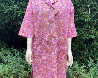 Vintage 1960s, 1970s Purple Paisley Print Nylon Housecoat, Overall, Robe, Wrap, Duster Coat.