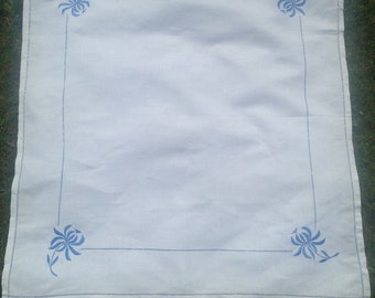 Vintage c. 1950s Cotton, Linen Tablecloth, White with Blue Embroidered Flowers Kitchenalia, Retro Home.
